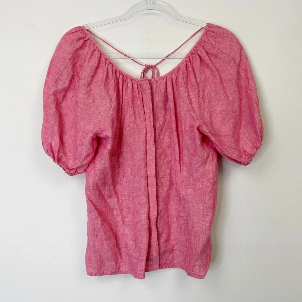 J. Crew Pink Linen Puff Sleeve Top Women's 4 Tie Back Beach Resort